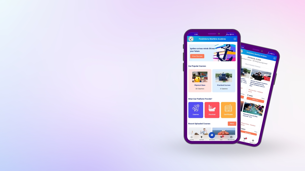 Pondicherry Maritime Academy mobile app interface showing course booking
